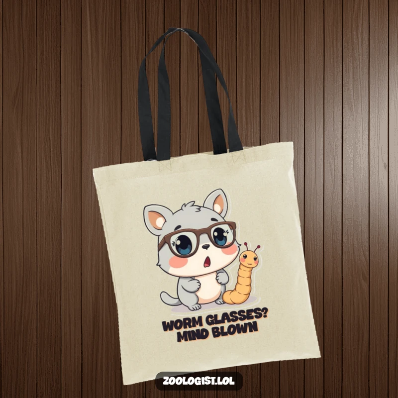 Funny tote bag featuring a shocked animal character contemplating a worm wearing small, sophisticated spectacles, blending humor and utility.